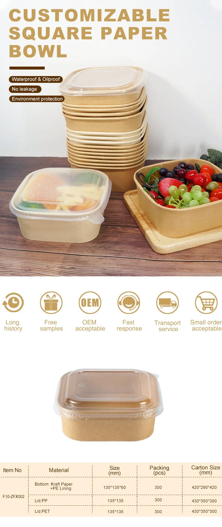 Natural Economy Square Recyclable Disposable Food Paper Bowl